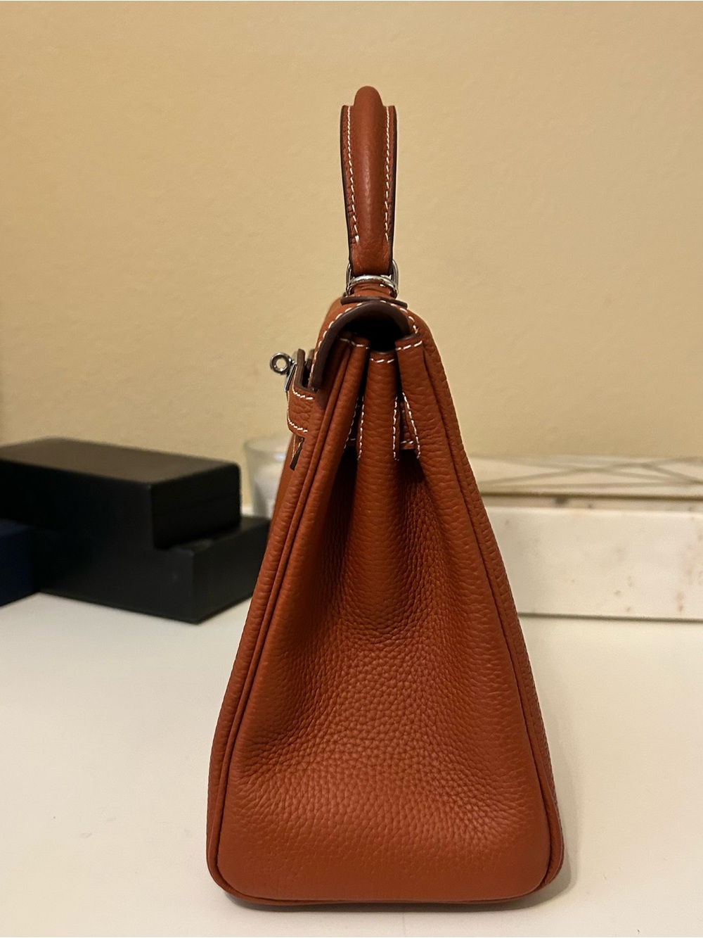 25cm Caramel Brown Top-Handle Leather Satchel - Picture 3 of 11